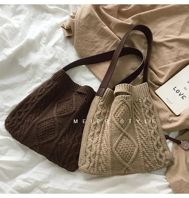 Female Woolen Knitted Braid Handbag Crochet Winter Shoulder Bag