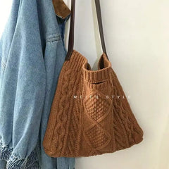 Female Woolen Knitted Braid Handbag Crochet Winter Shoulder Bag