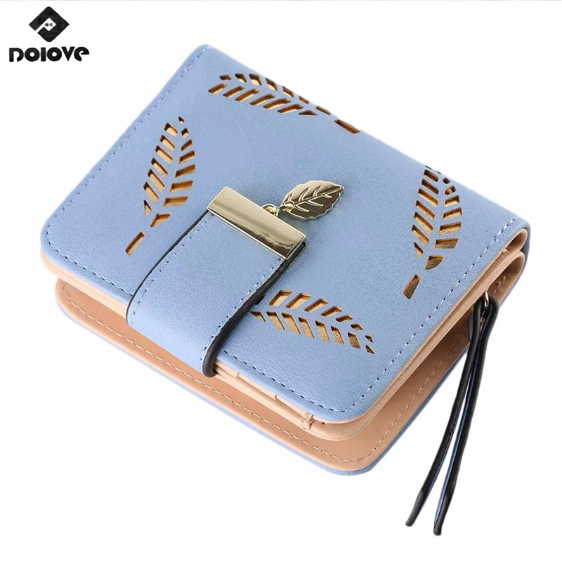 Leaves Hollow Pattern Women Purse Short Zipper Buckle Wallet