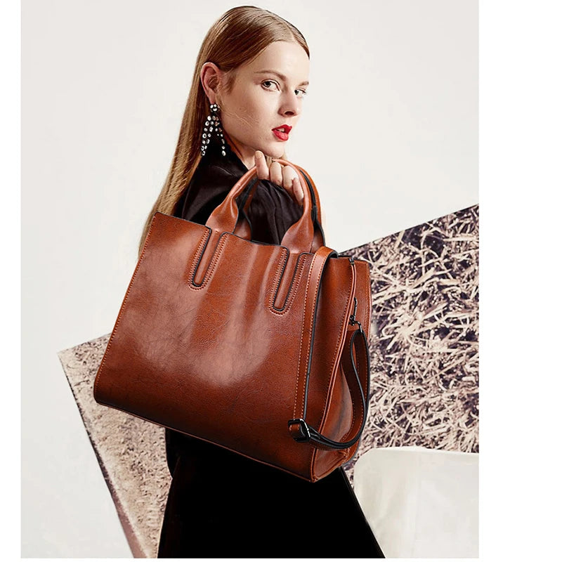 Vintage Women Handbag Oil Wax PU Leather Shoulder Bag Casual Tote Large Bolsos