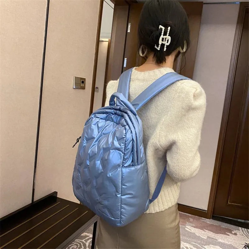 Women Winter Padded Down Backpack Large Capacity Shoulder School Bag