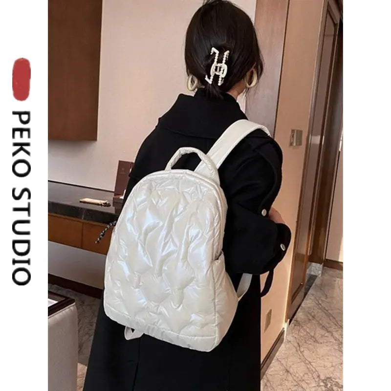 Women Winter Padded Down Backpack Large Capacity Shoulder School Bag