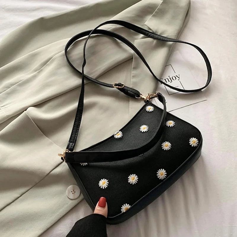 Daisies Flower Handbags Purse Leather Totes Bags Shoulder Square Pouch