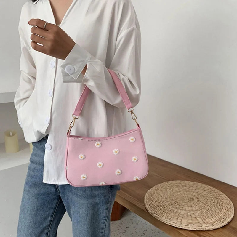 Daisies Flower Handbags Purse Leather Totes Bags Shoulder Square Pouch