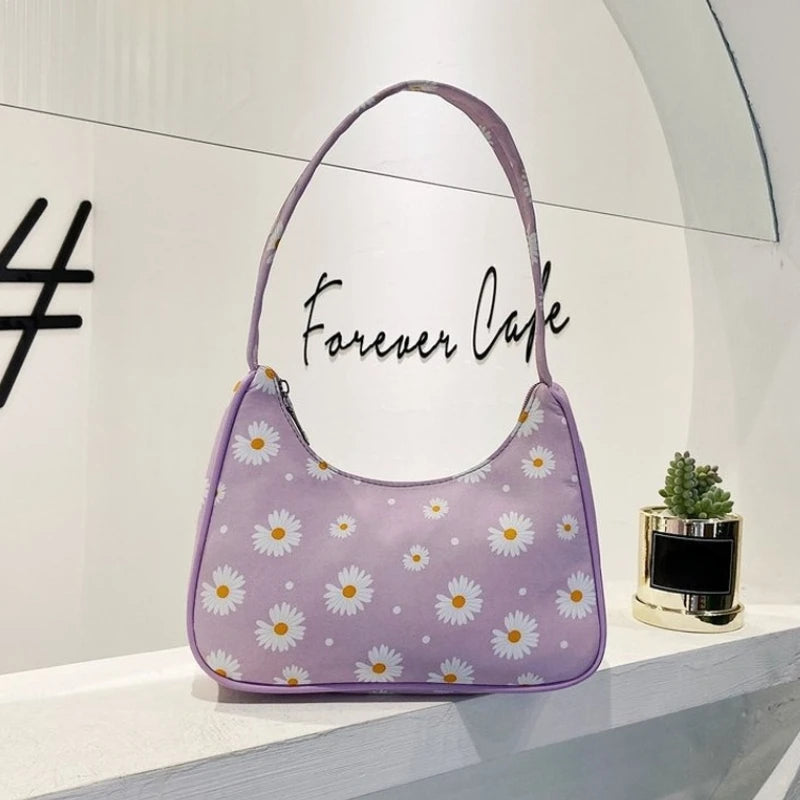 Daisy Flower Print Canvas Shoulder Underarm Bag Women Square Bags