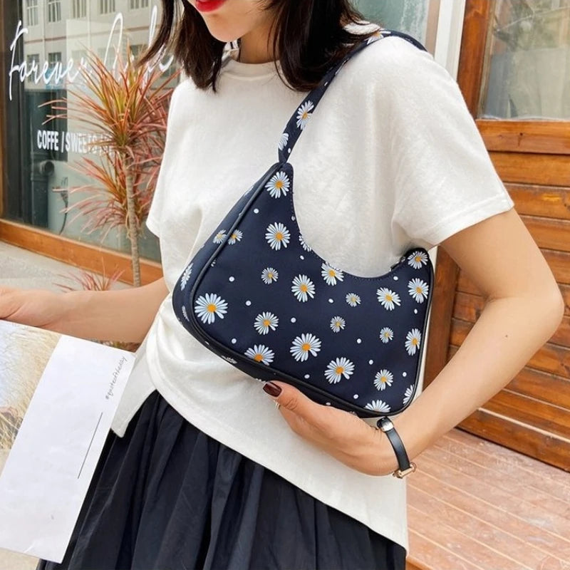 Daisy Flower Print Canvas Shoulder Underarm Bag Women Square Bags
