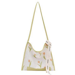 Large Tote Bag Tulip Flowers Embroidered Shoulder Handbag