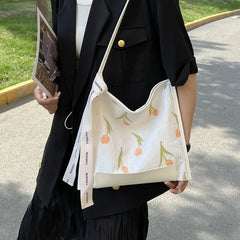 Large Tote Bag Tulip Flowers Embroidered Shoulder Handbag