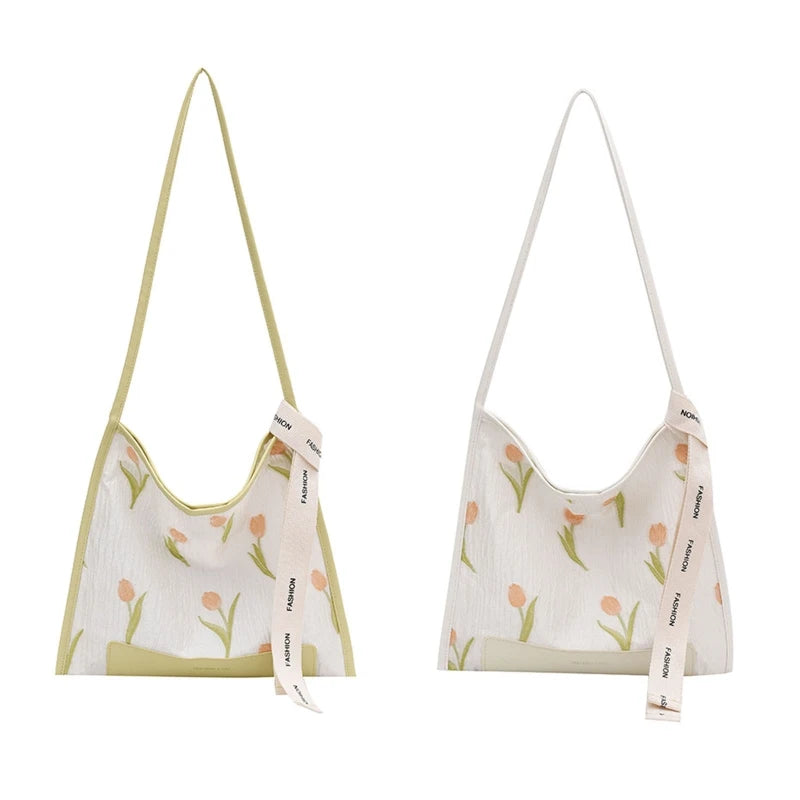 Large Tote Bag Tulip Flowers Embroidered Shoulder Handbag