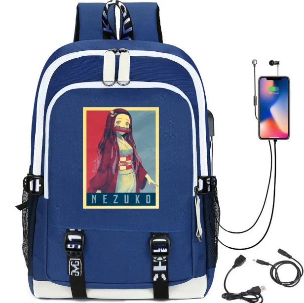 Demon Slayer Print USB Charging Teen Backpack School Bag