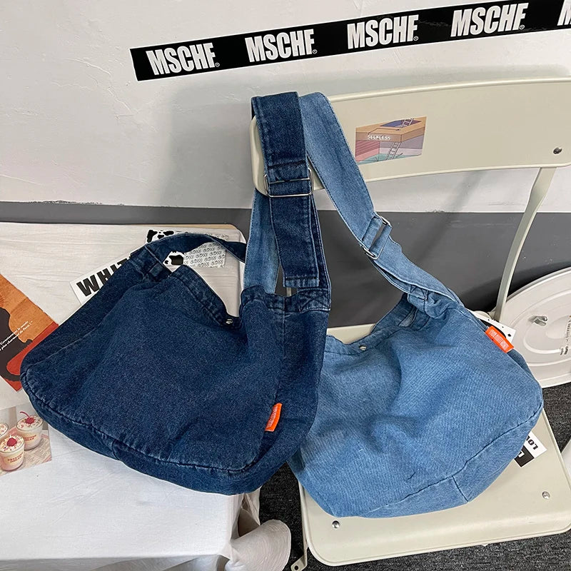 Denim Women's Messenger Bag Retro Style School Bag Large Capacity Shoulder Bag
