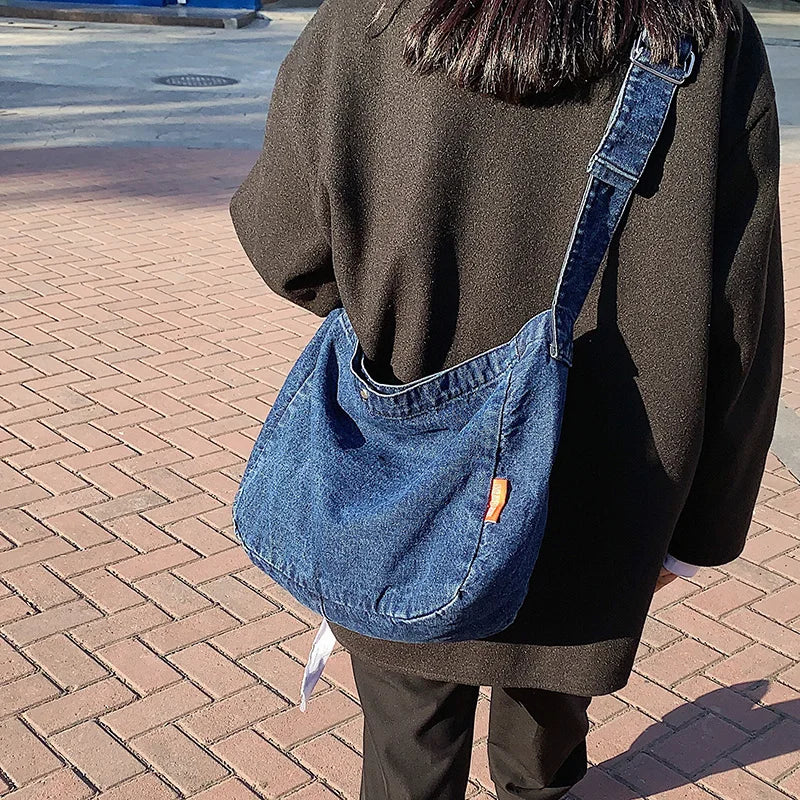 Denim Women's Messenger Bag Retro Style School Bag Large Capacity Shoulder Bag