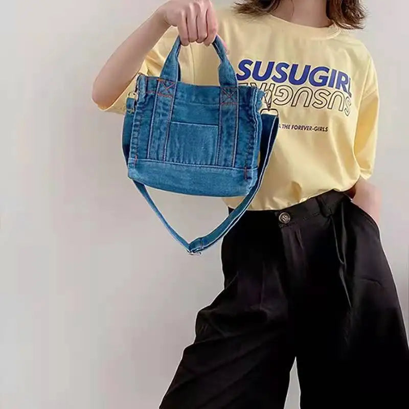 Denim Cloth Women Little Shoulder Bag Girl Light Canvas Fabric Handbag