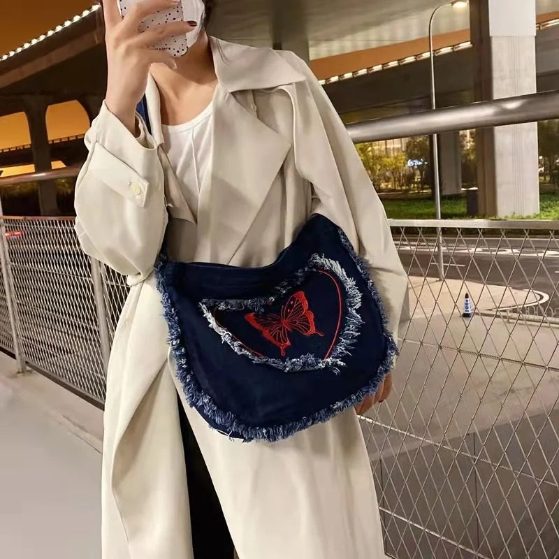 Denim Crossbody Shoulder Bag Women Frayed Heart Butterfly Embroidered