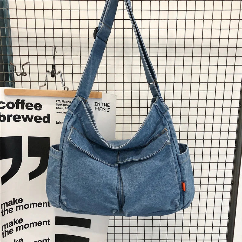 Denim Crossbody Shoulder Bag Women Japan Style Teen Girl Casual Large Jeans Bag