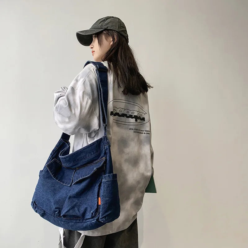 Denim Crossbody Shoulder Bag Women Japan Style Teen Girl Casual Large Jeans Bag