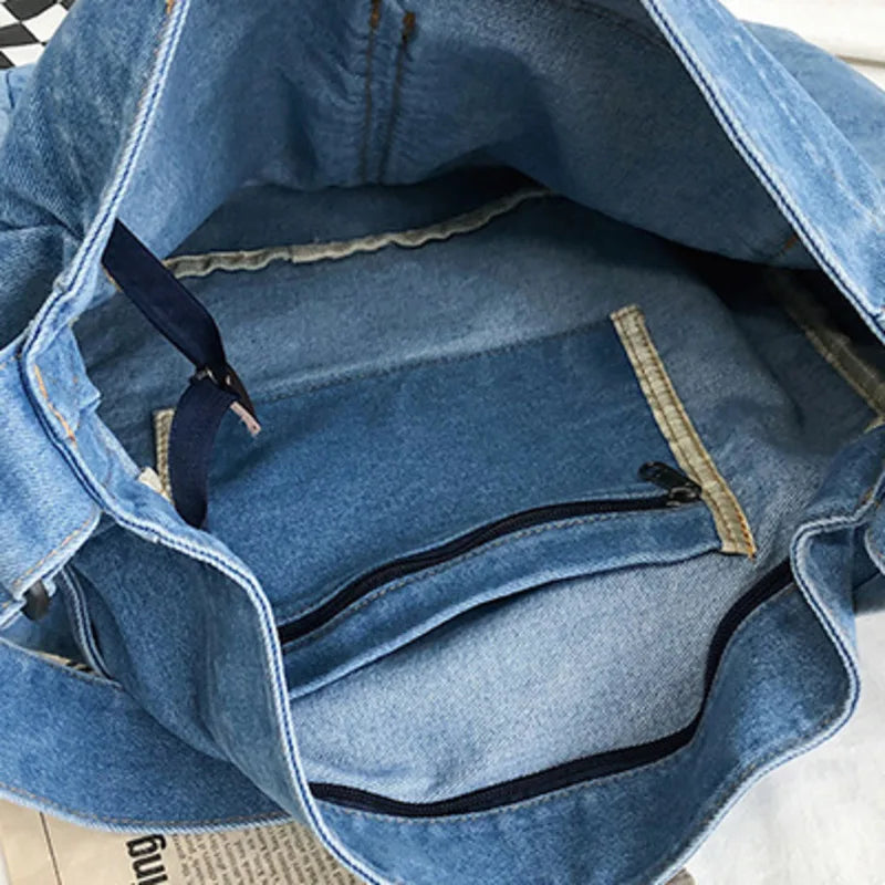 Denim Crossbody Shoulder Bag Women Japan Style Teen Girl Casual Large Jeans Bag