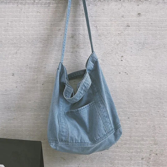 Denim Slouch Bag Casual Handbag Japanese Messenger Top-Handle Bag, Sky