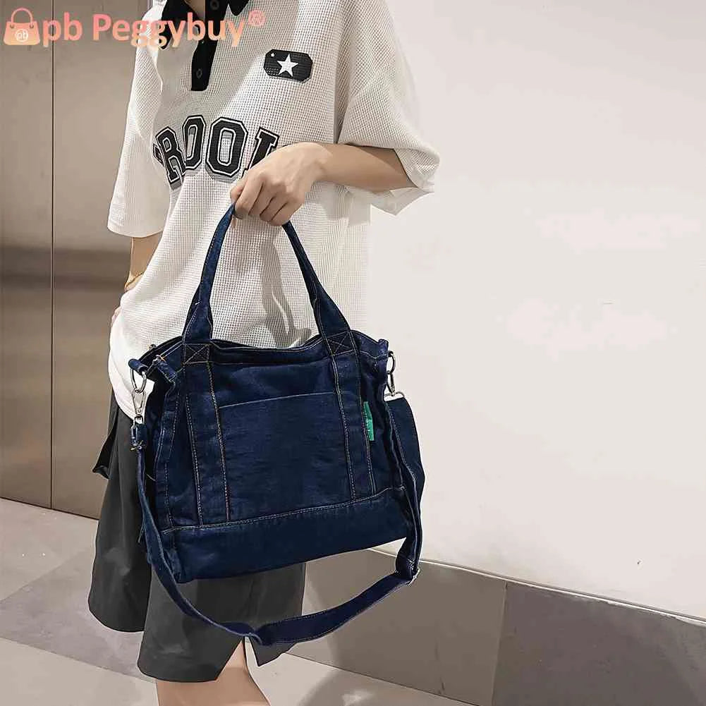 Denim Student Book Bag Large Capacity Multi-Pockets Port