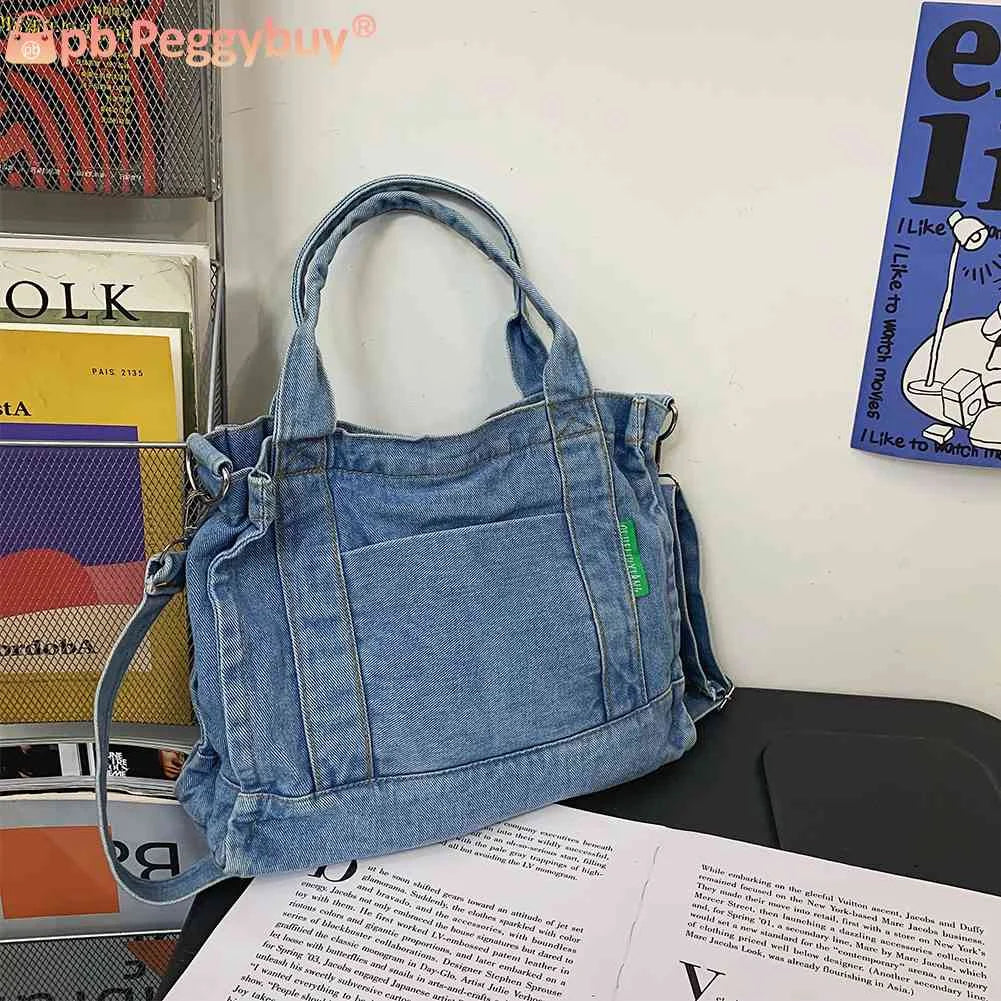 Denim Student Book Bag Large Capacity Multi-Pockets Port