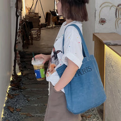 Denim Tote Bag Women Shoulder Bags Embroidered Letters Handbags