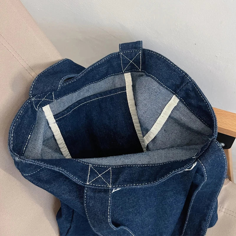 Denim Tote Bag Women Shoulder Bags Embroidered Letters Handbags