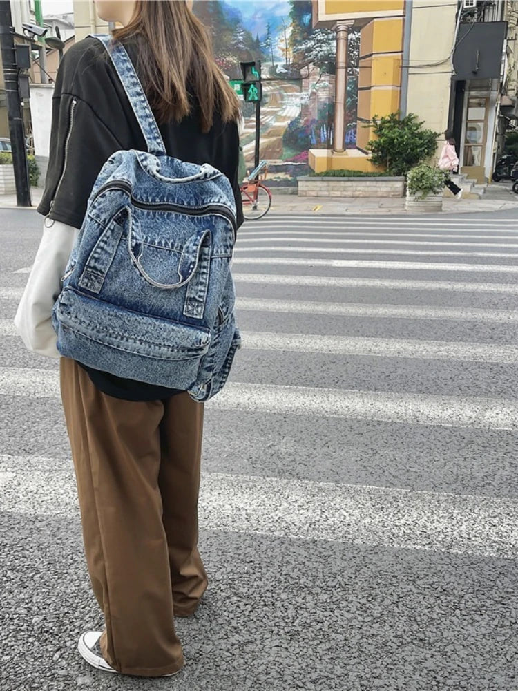 Denim Women Backpack Retro Travel Bagpack Large Capacity