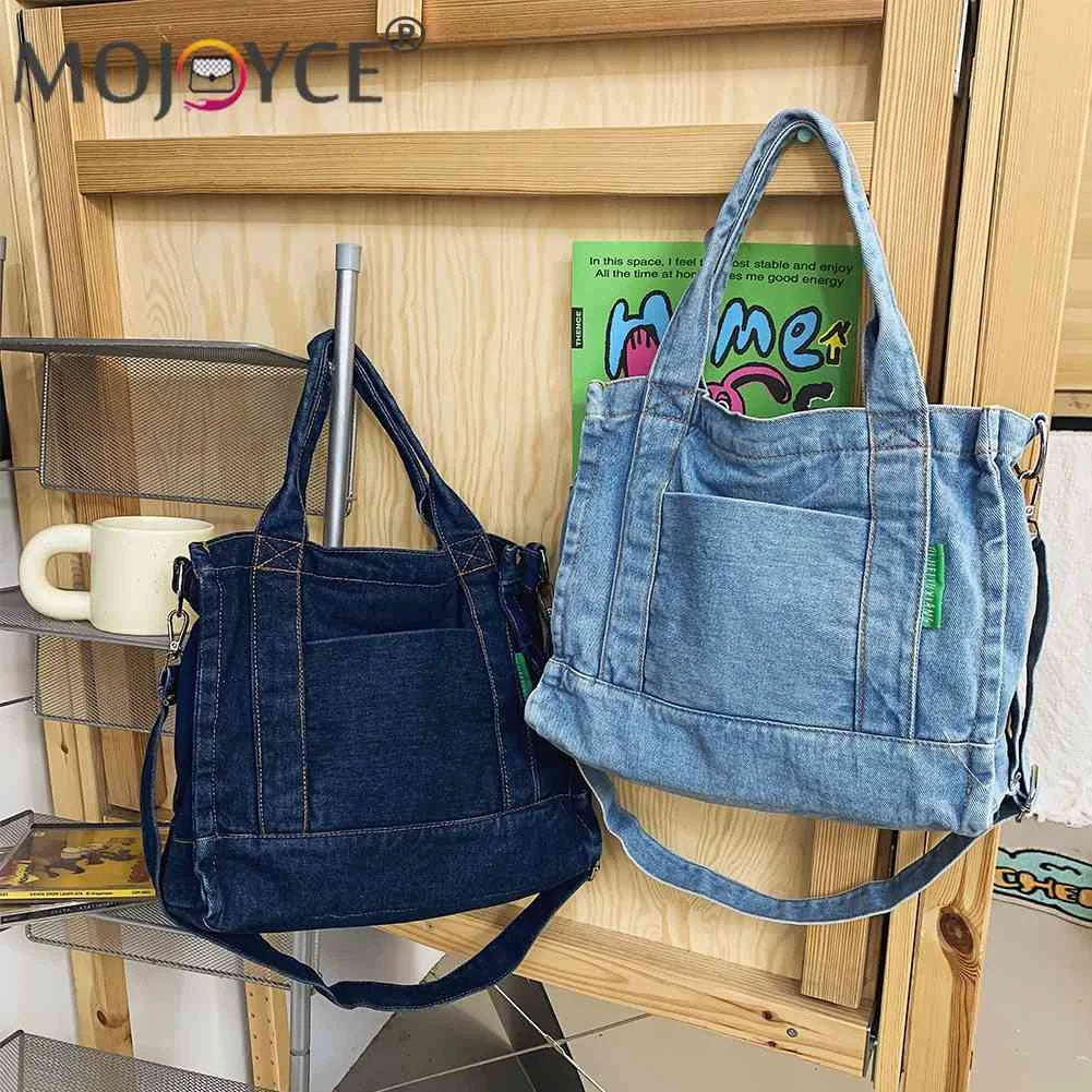 Denim Women Messenger Bag Large Capacity Adjustable Strap Multi-Pockets
