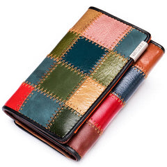 Color-block Long Wallet Cow Leather Purse Women Bag
