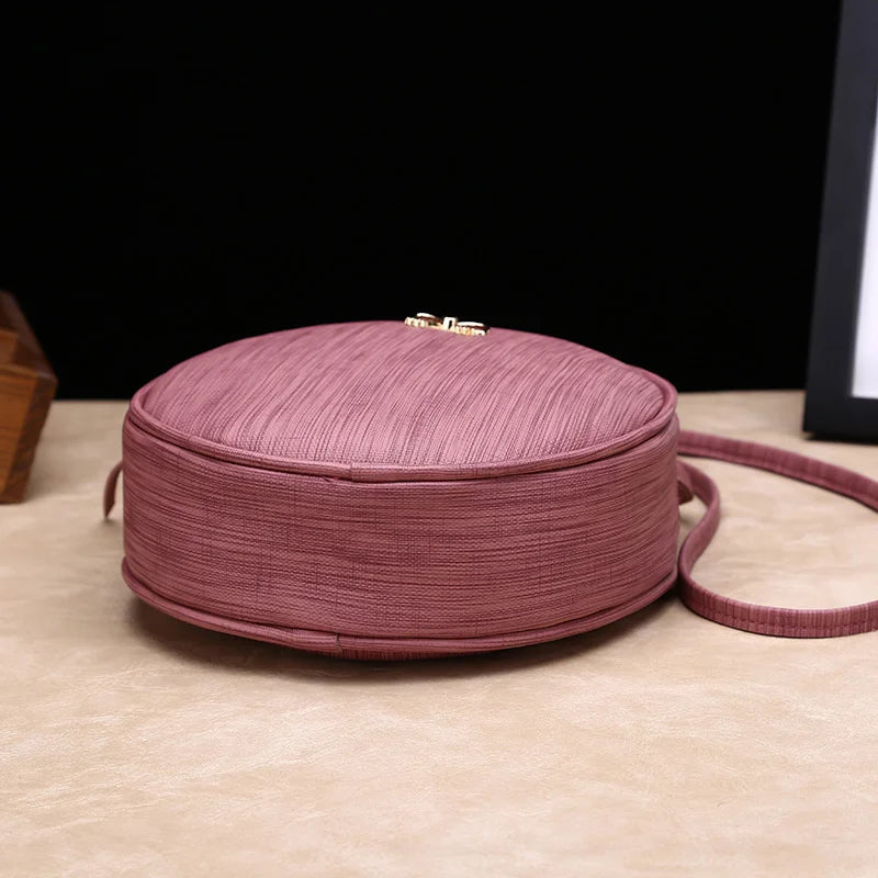 Round Leather Crossbody Messenger Bag for Women