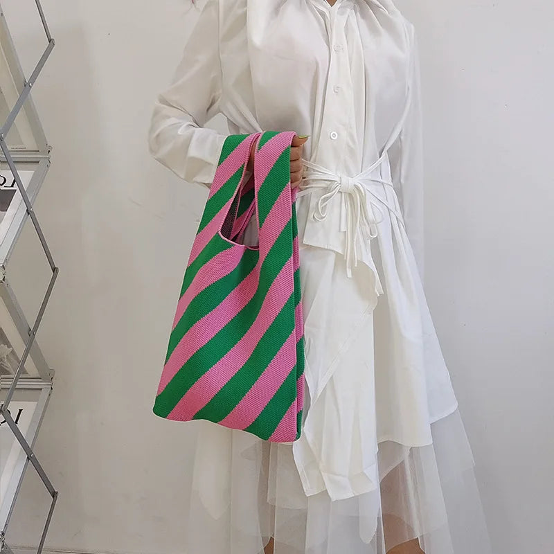Japanese Striped Knitted Crossbody Bag for Women