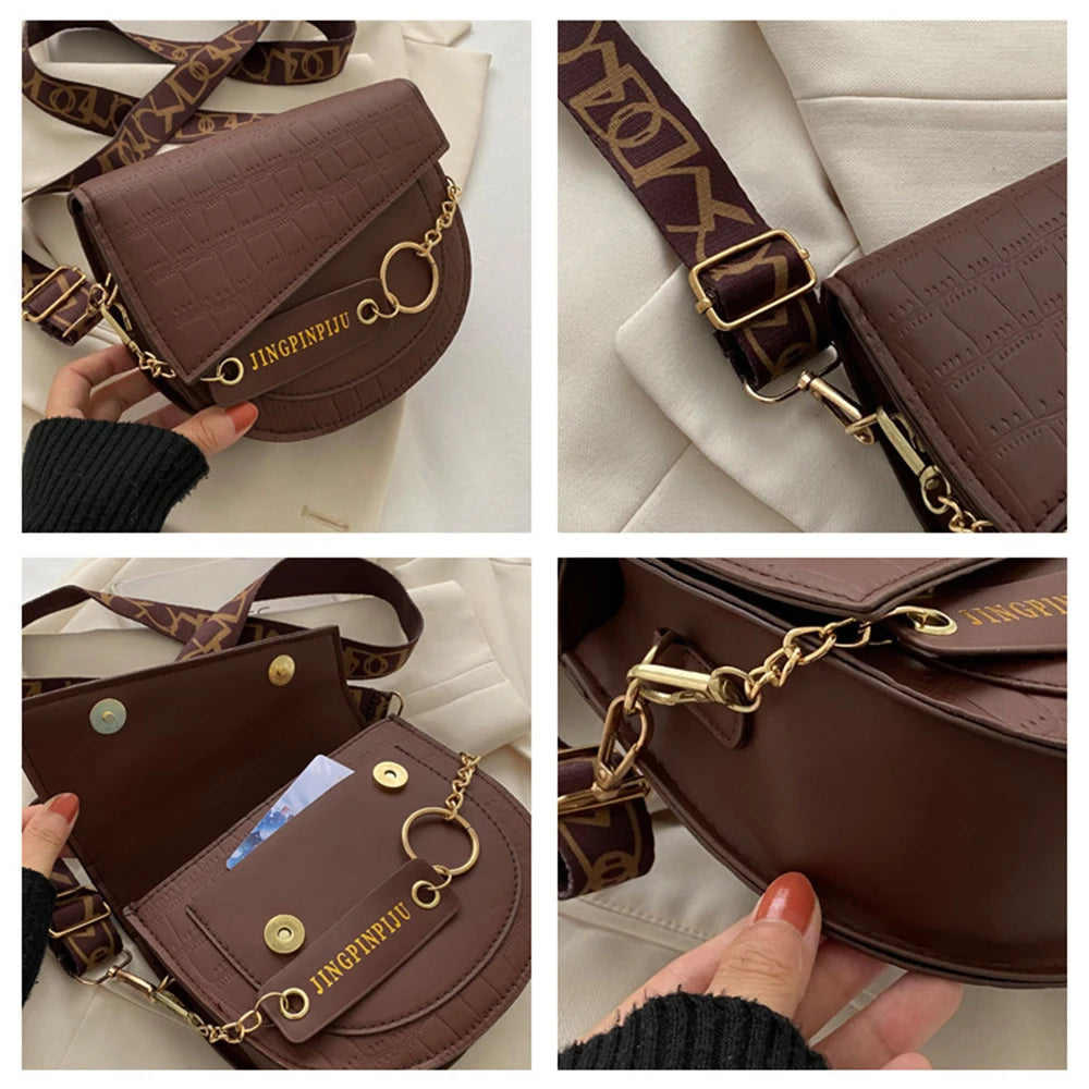 Women's Contrast Saddle Shoulder Bag Chain Strap Wide Strap Bag