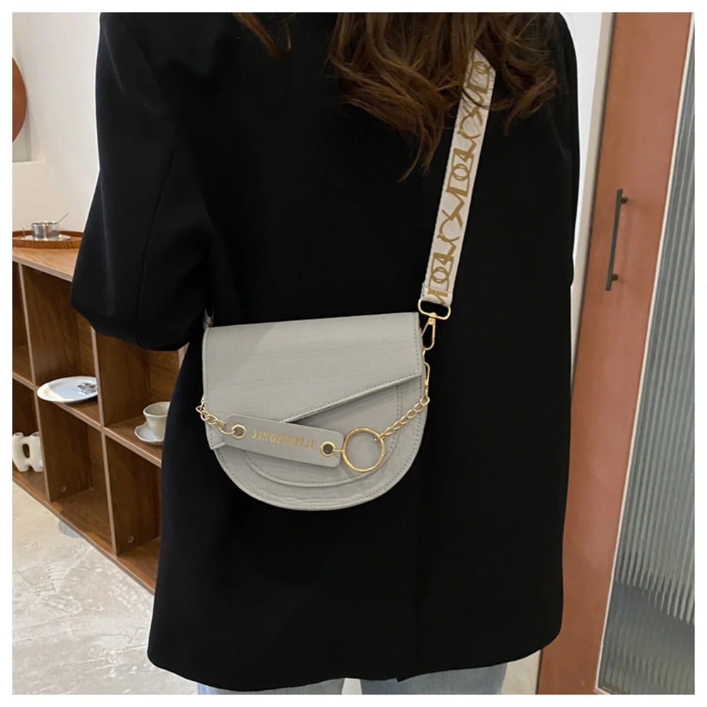Women's Contrast Saddle Shoulder Bag Chain Strap Wide Strap Bag