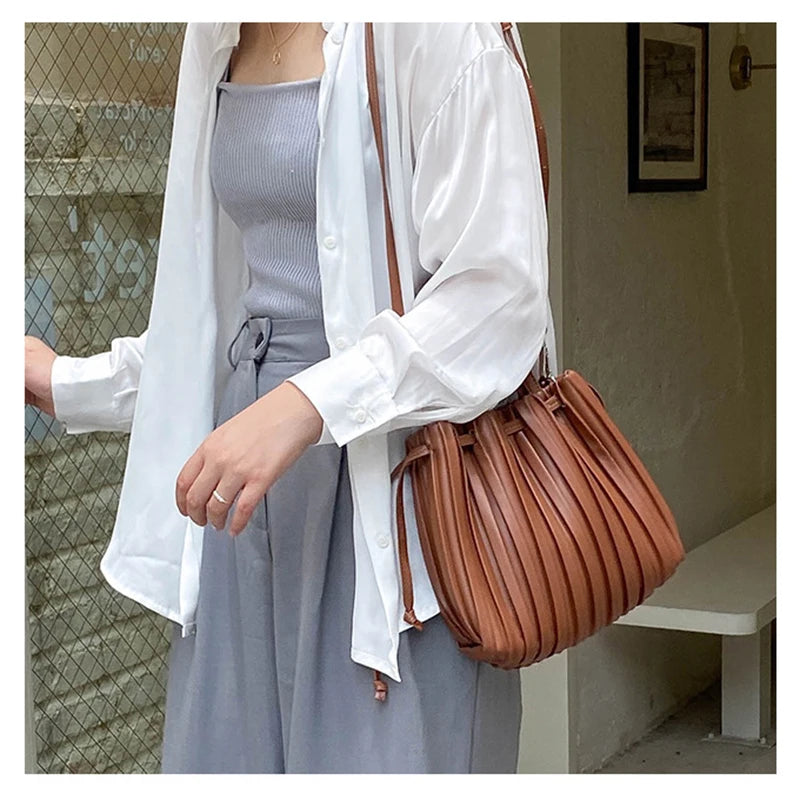 Women's PU Leather Bucket Bag Drawstring Closure