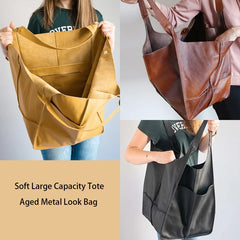 Aged Metal Look PU Leather Shoulder Bag Soft Tote Women Handbags