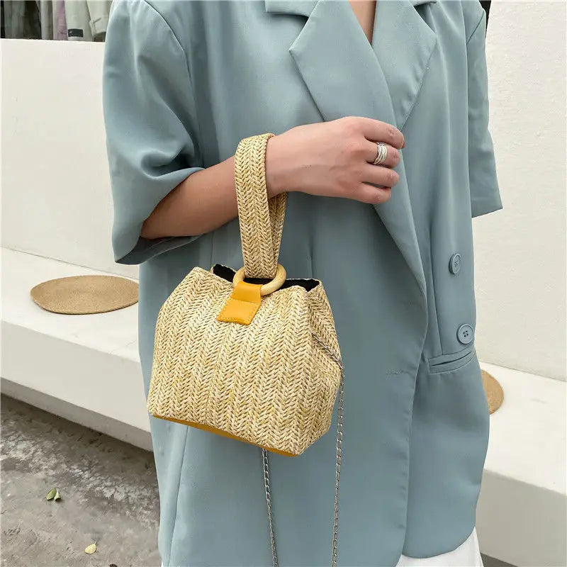 Boho Straw Bag Bucket Handbags Crossbody Chain Purses Clutch