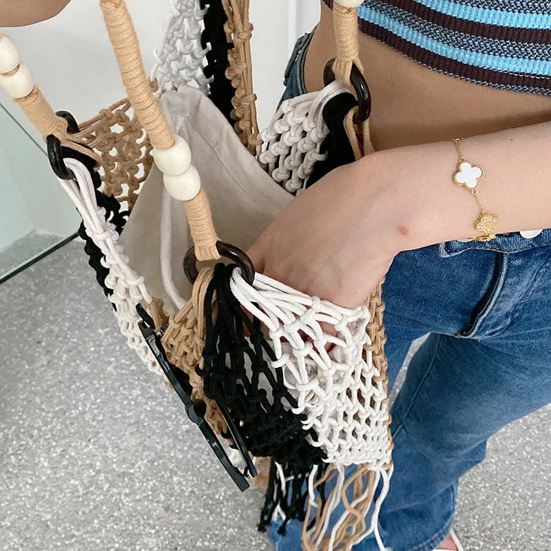Braided Crochet Net Bag Women Casual Woven Travel Beach Tote Handbag