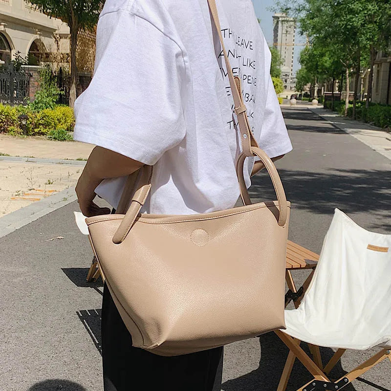 Matte Leather Bucket Bag Large Tote Women Shoulder Crossbody Handbag
