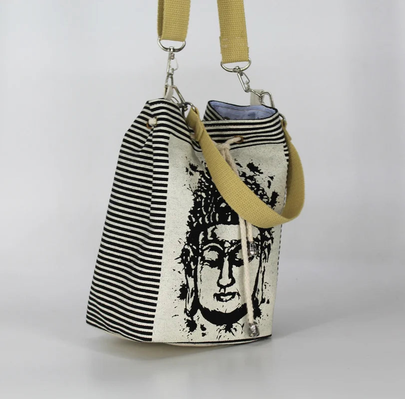 Canvas Buddha Print Bucket Bag Cross Body Shoulder Hand Bag