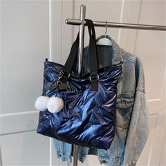 Embossed Striped Women's Padded Shopper Bag Cotton Shoulder Handbag