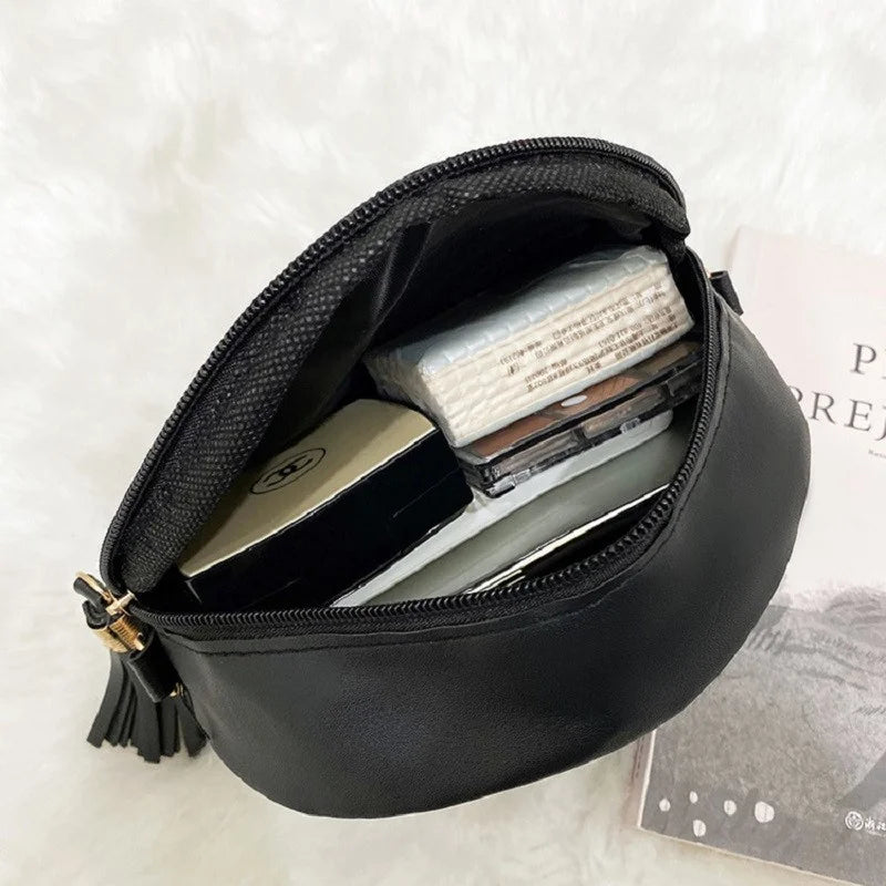Round Leather Crossbody Bag with Tassel - Women's Shoulder Handbag