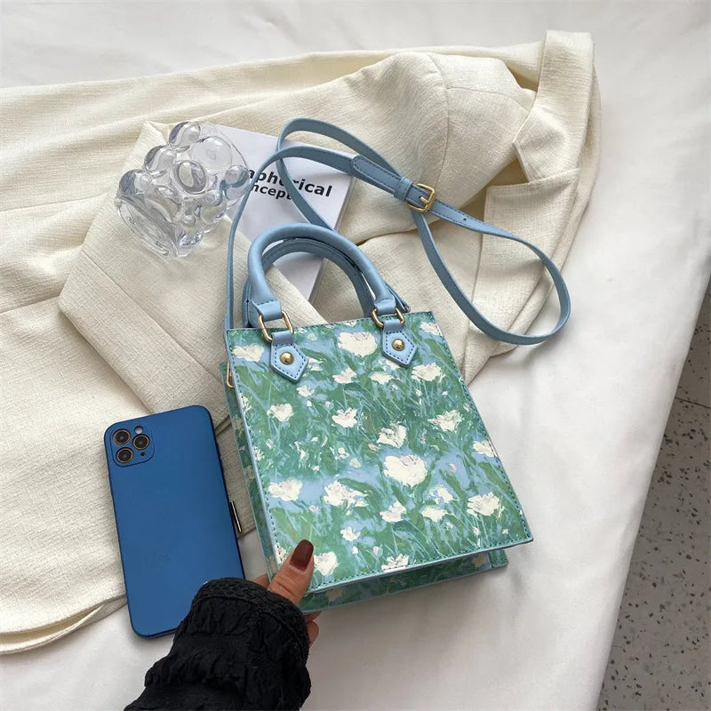 Flower Printing Handbag Women Pu Graffiti Messenger Bag