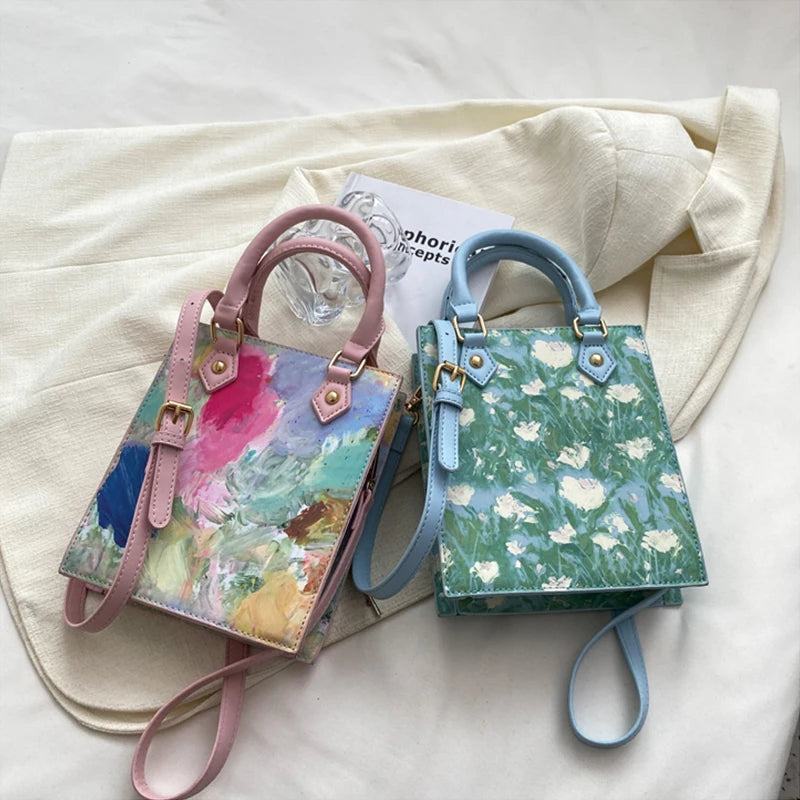Flower Printing Handbag Women Pu Graffiti Messenger Bag