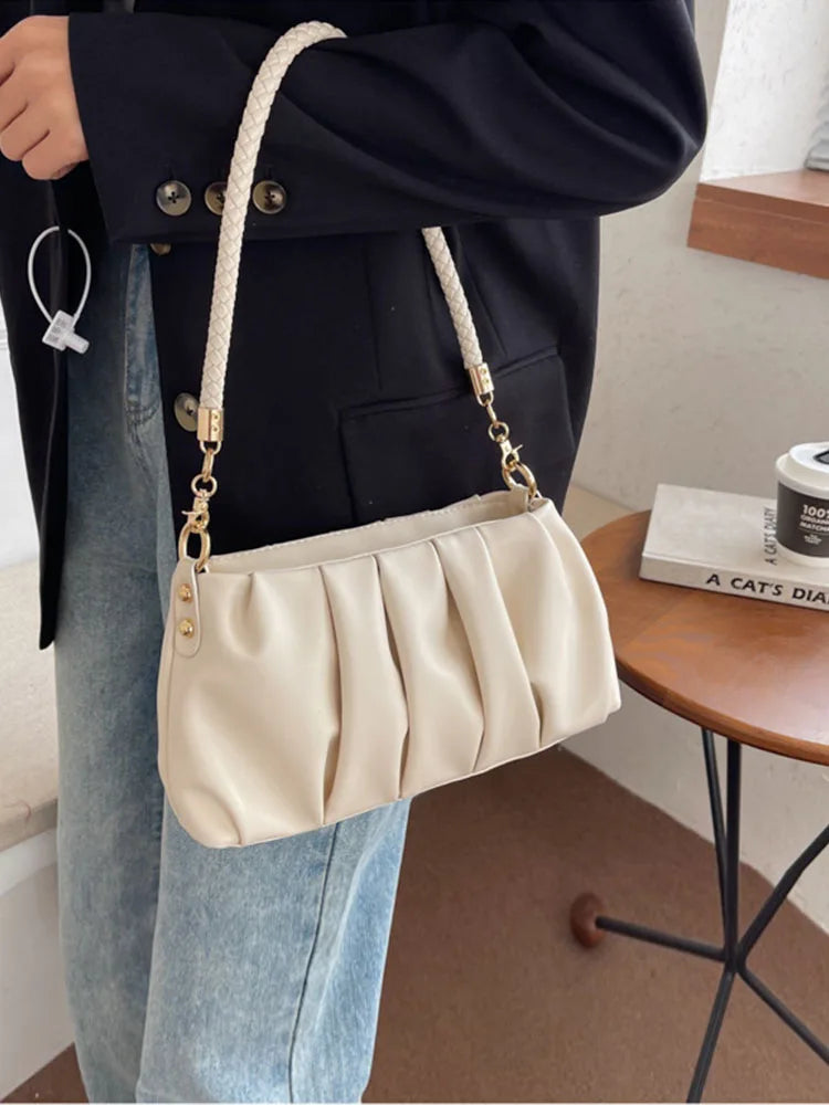Fold Women's Bag Pu Leather Solid Underarm Shoulder Bags Handbag Female Tote