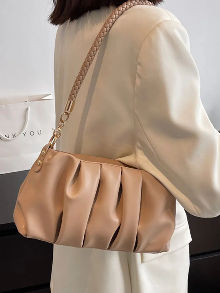Fold Women's Bag Pu Leather Solid Underarm Shoulder Bags Handbag Female Tote