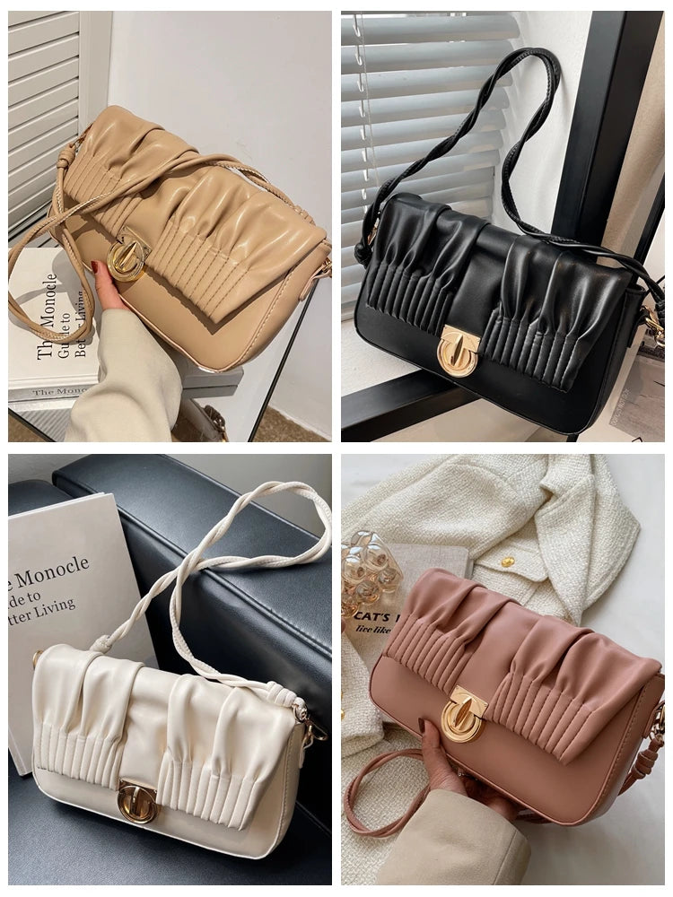 Ruched PU Leather Shoulder Bag Small Crossbody Square