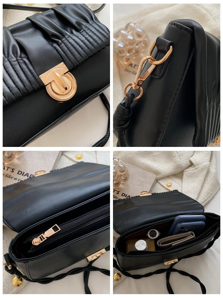 Ruched PU Leather Shoulder Bag Small Crossbody Square