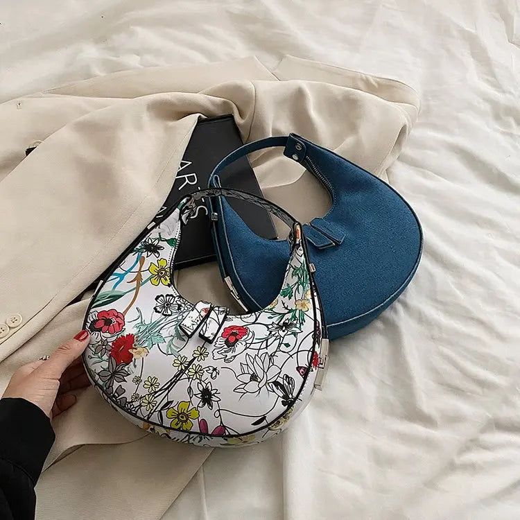 Floral Print Half Moon Shoulder Bags Women Clutch Purses