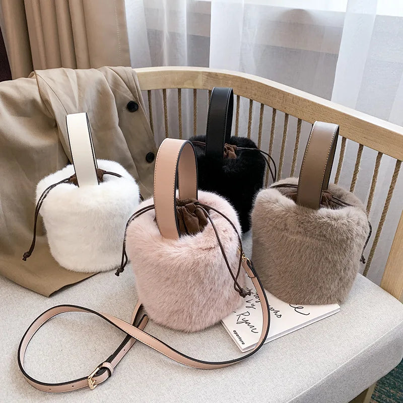 Plush Bucket Bag Women's Cylinder Shape Handbag Crossbody Messenger Tote