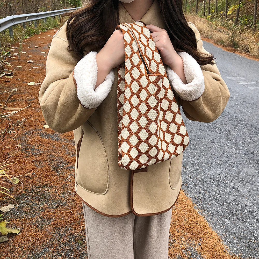 Plaid Knitting Women Shoulder Bag Hollow Out Shpping Bag Female Handbag